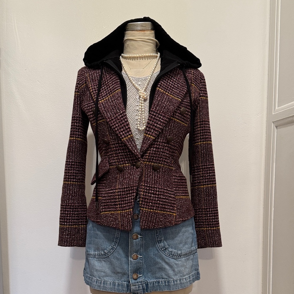 Central Park West Burgundy Plaid Jacket with Black Hood